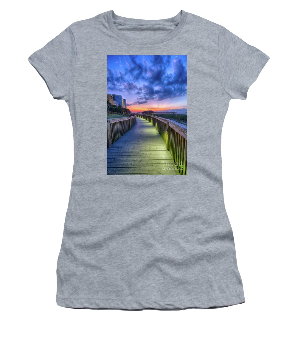 Myrtle Beach Women's T-Shirt featuring the photograph Myrtle Beach Boardwalk Sunrise by David Smith