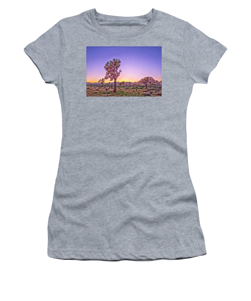 Joshua Tree Women's T-Shirt featuring the photograph Purple Dawn At Joshua Tree National Park by Joseph S Giacalone