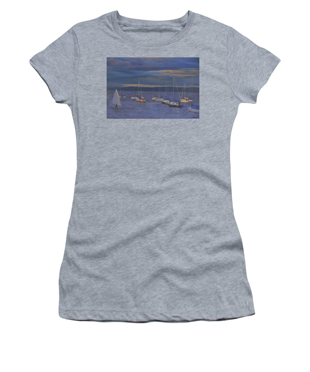 Nyack Women's T-Shirt featuring the painting Nyack Mooring Field by Beth Riso