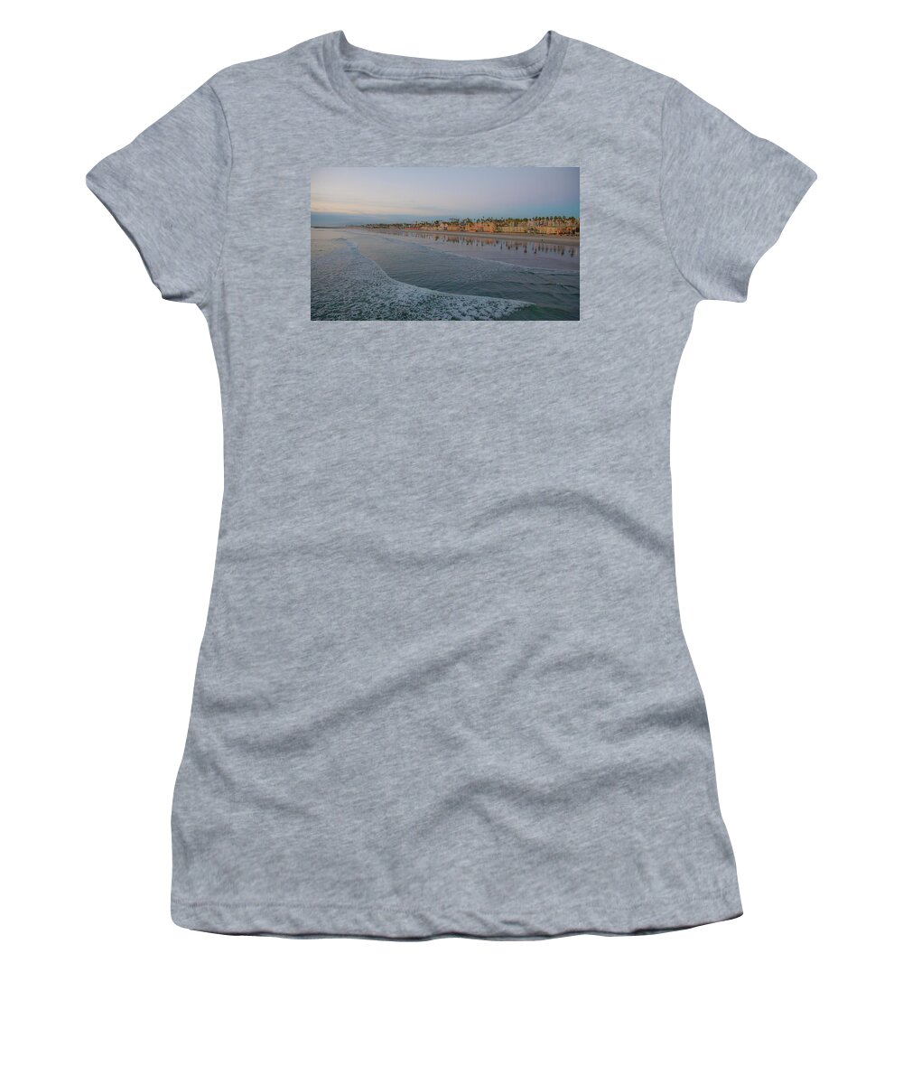 View Of Coast From Oceanside Pier Women's T-Shirt featuring the photograph Oceanside California Sunset City Light Reflection on Pacific by Catherine Walters