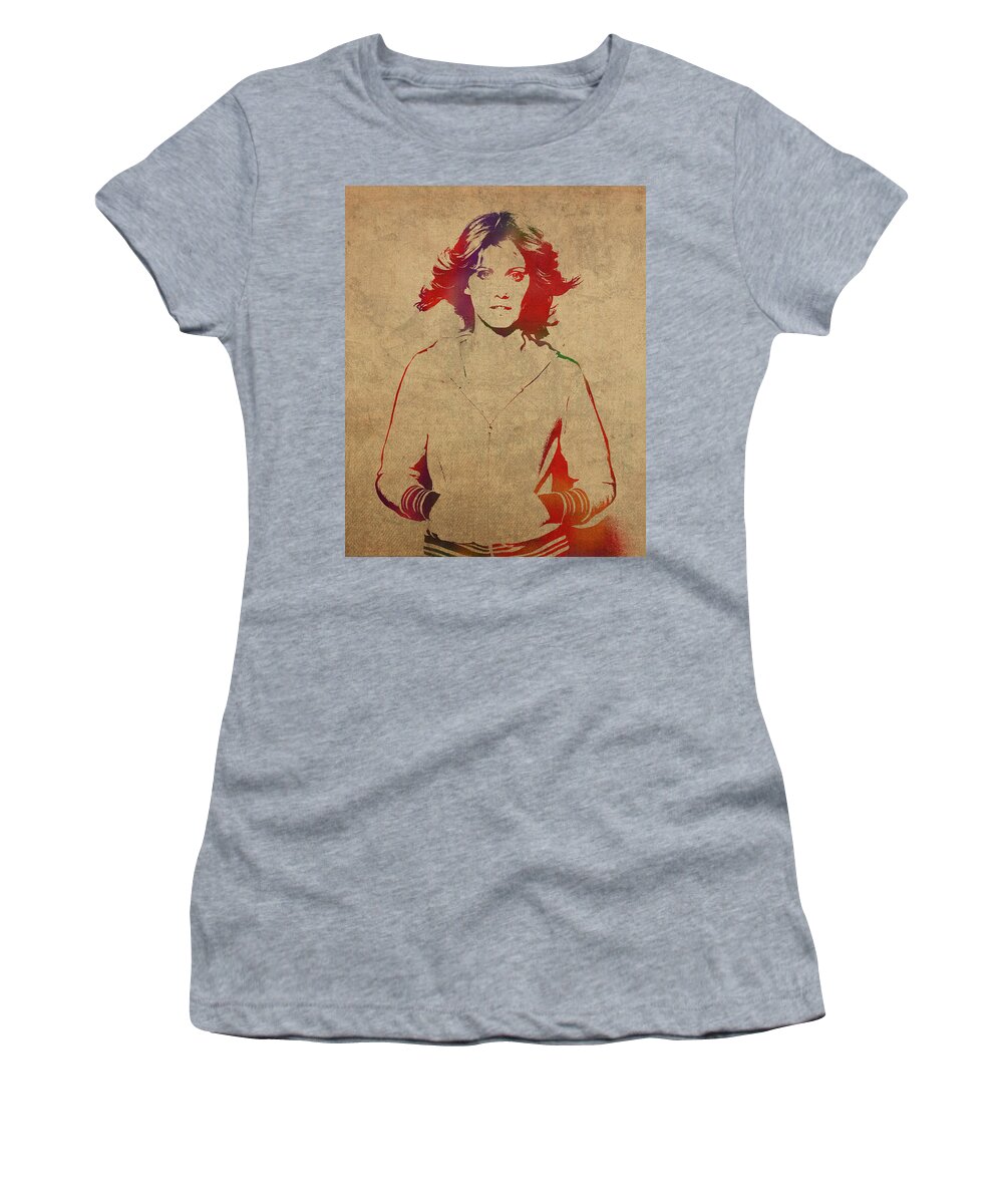 Olivia Newton John Women's T-Shirt featuring the mixed media Olivia Newton John Watercolor Portrait by Design Turnpike