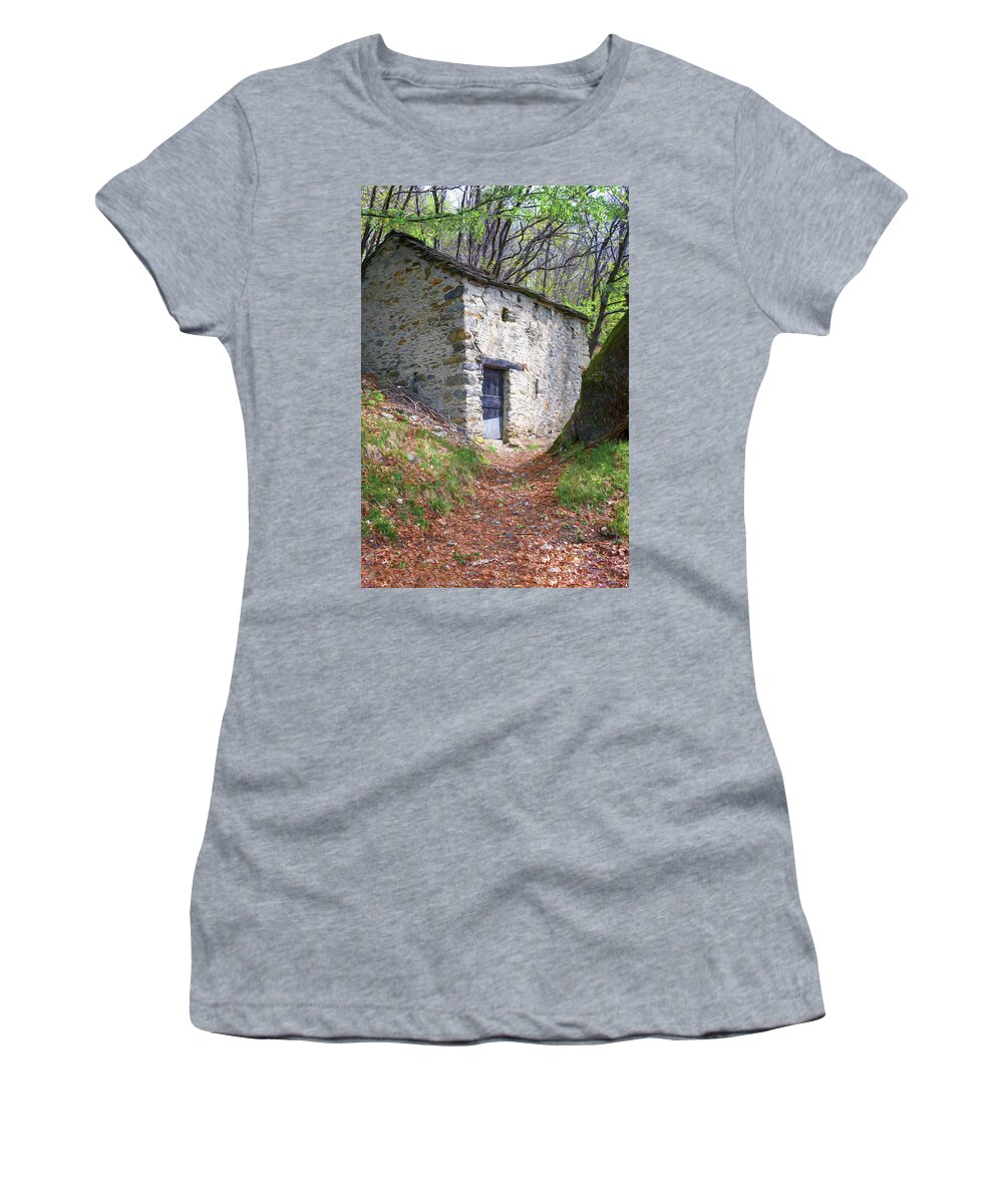Joan Carroll Women's T-Shirt featuring the photograph On the Trail to Rifugio Menaggio Lake Como Italy by Joan Carroll