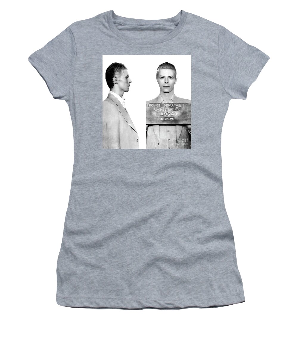 David Women's T-Shirt featuring the photograph Original David Bowie Mugshot 1976 by Doc Braham
