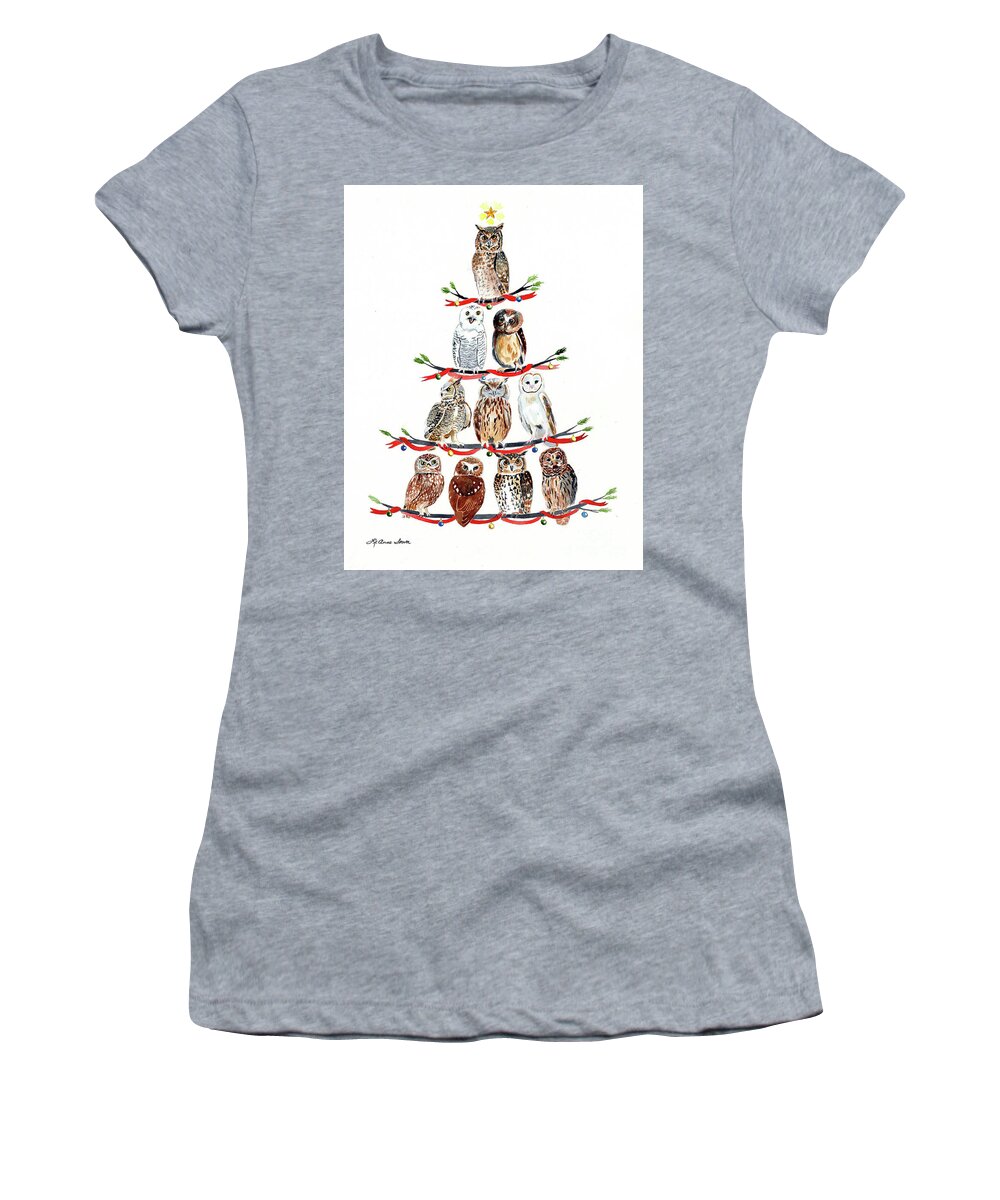 Owls Women's T-Shirt featuring the painting Owl Tree, Christmas tree, Holiday, Noel, by LeAnne Sowa