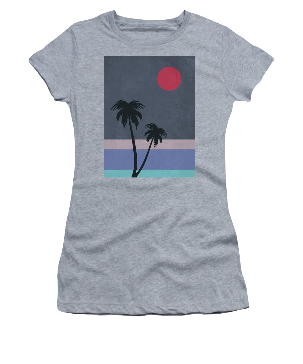 Palm Tree Women's T-Shirt featuring the mixed media Palm Trees and Red Moon by Naxart Studio