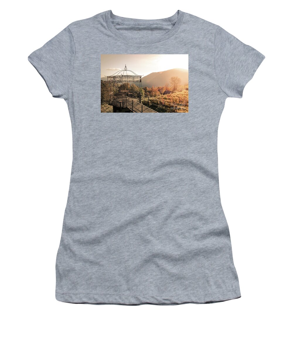 Autumn Women's T-Shirt featuring the photograph Pavilion in the vineards with table and chairs during sunset by Amanda Mohler