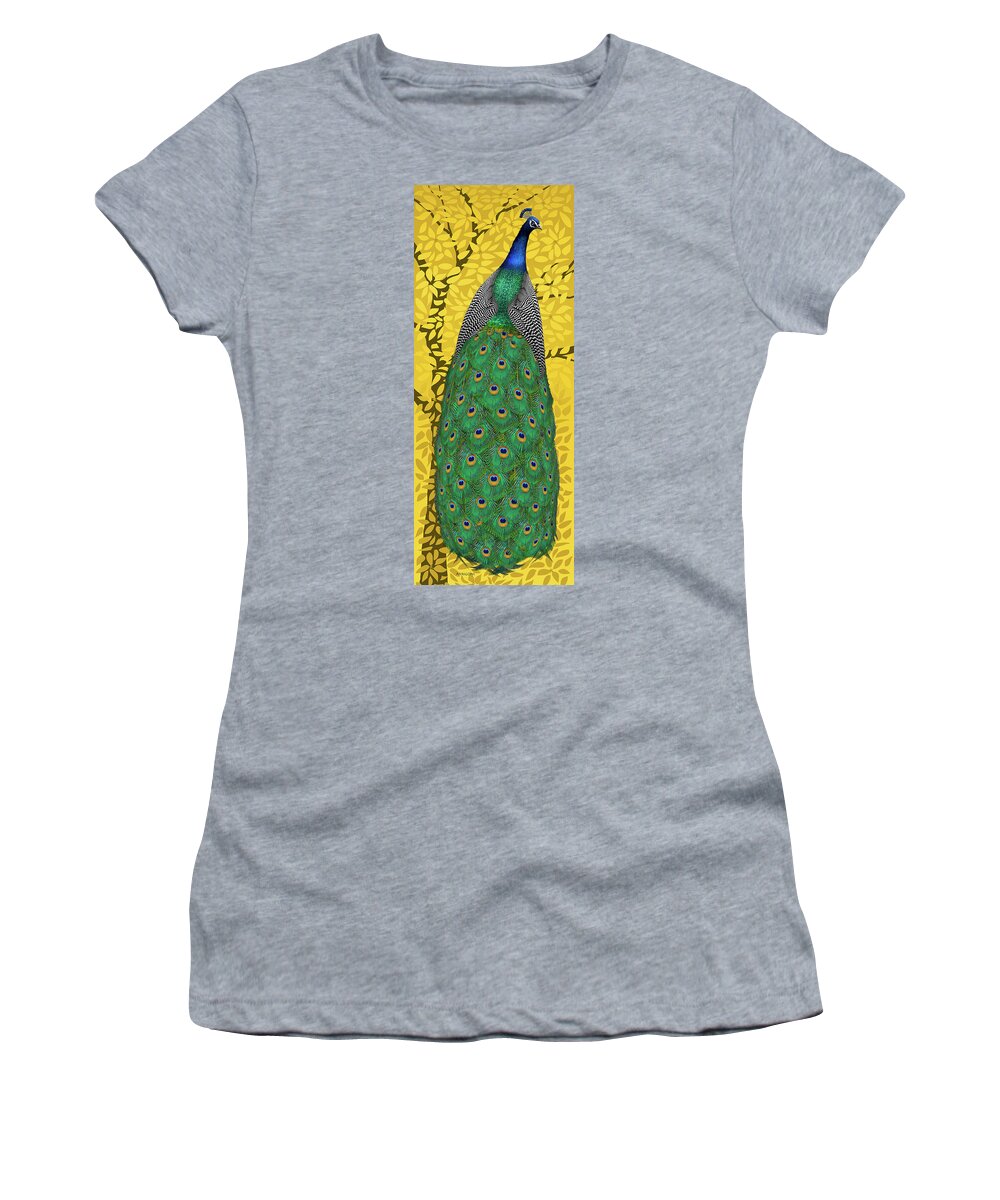 Peacock In Tree Women's T-Shirt featuring the painting Peacock in Tree, Naples Yellow, Tall by David Arrigoni