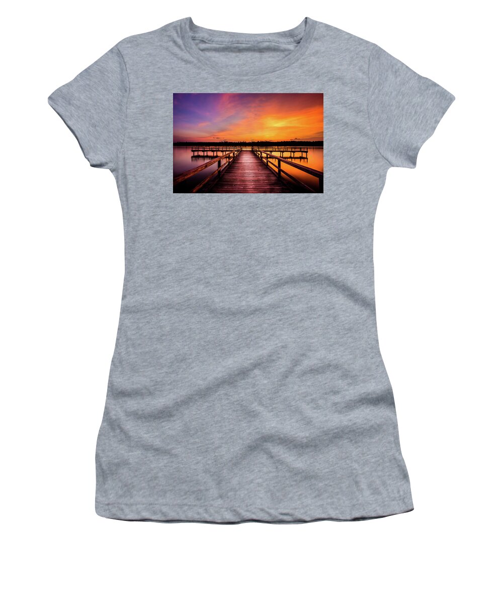 Lake Women's T-Shirt featuring the photograph Pier At Sunset by Jordan Hill