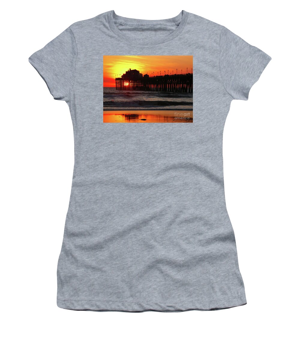 Pacific Ocean Women's T-Shirt featuring the photograph Pier at Sunset by Terri Brewster