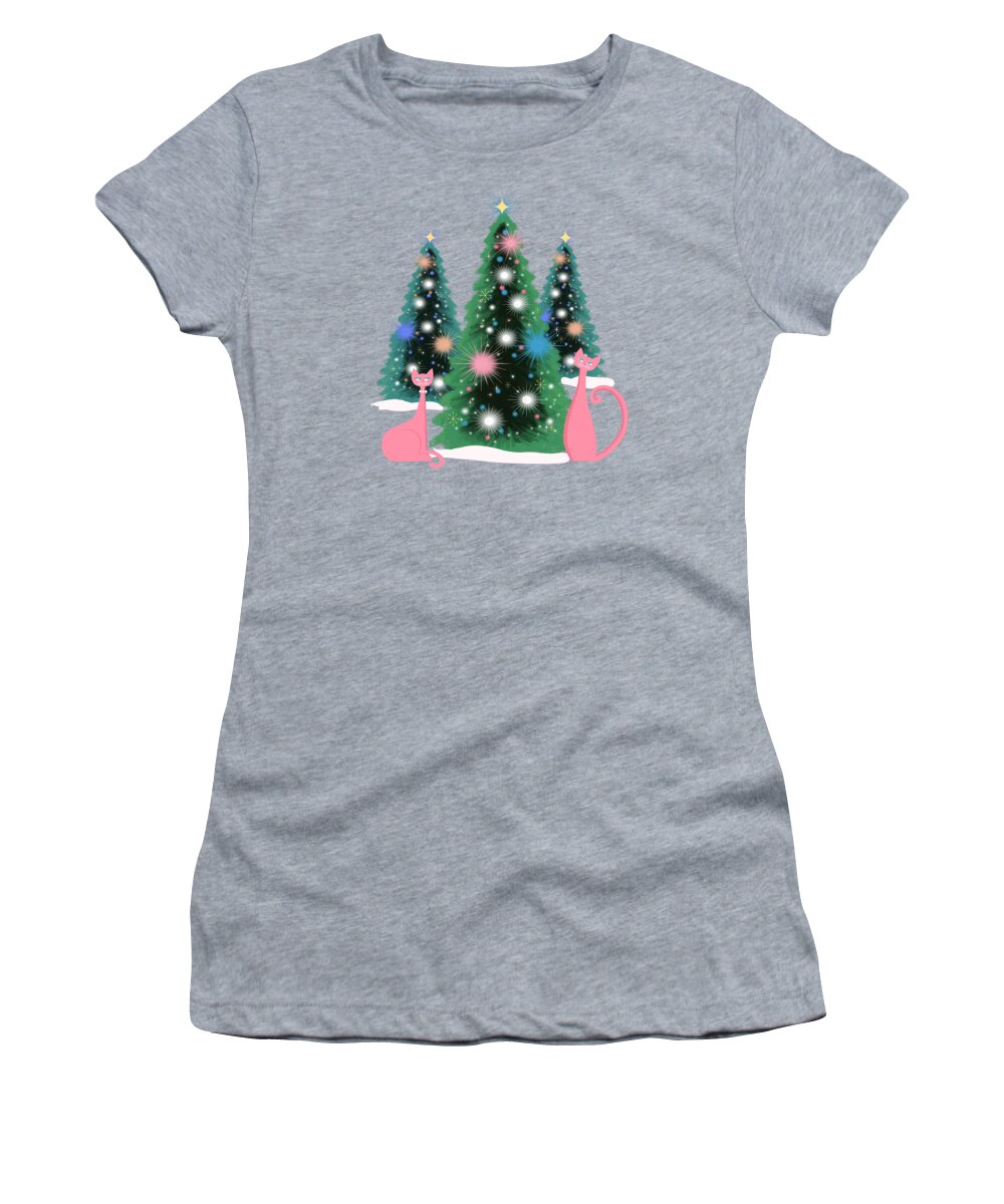 Painting Women's T-Shirt featuring the painting Pink And Perfect Kitty Cats In The Sparkling Snow by Little Bunny Sunshine