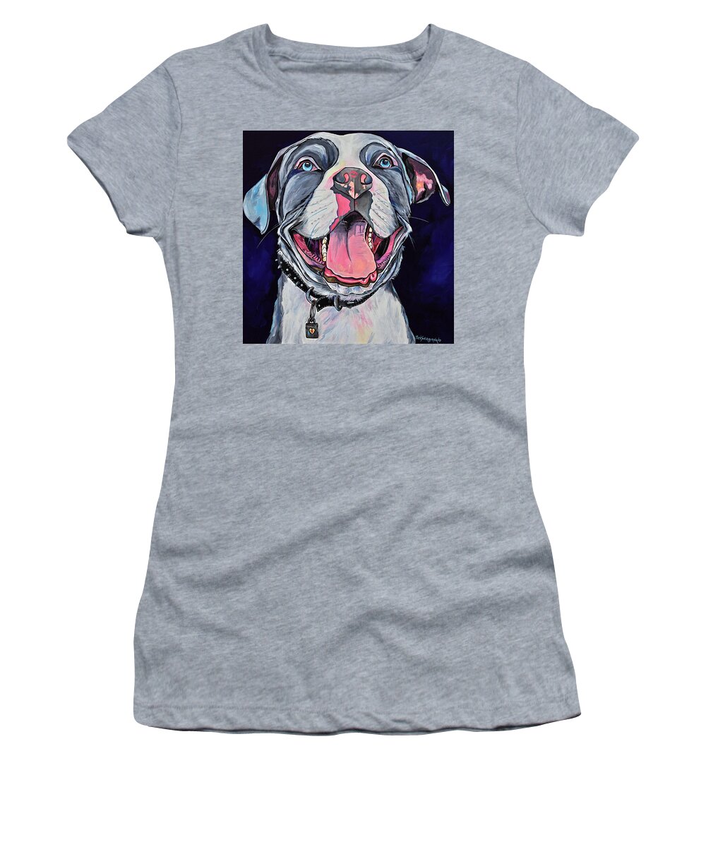 Smiling Pit Bull Dog Women's T-Shirt featuring the painting Pit Bull Love by Patti Schermerhorn