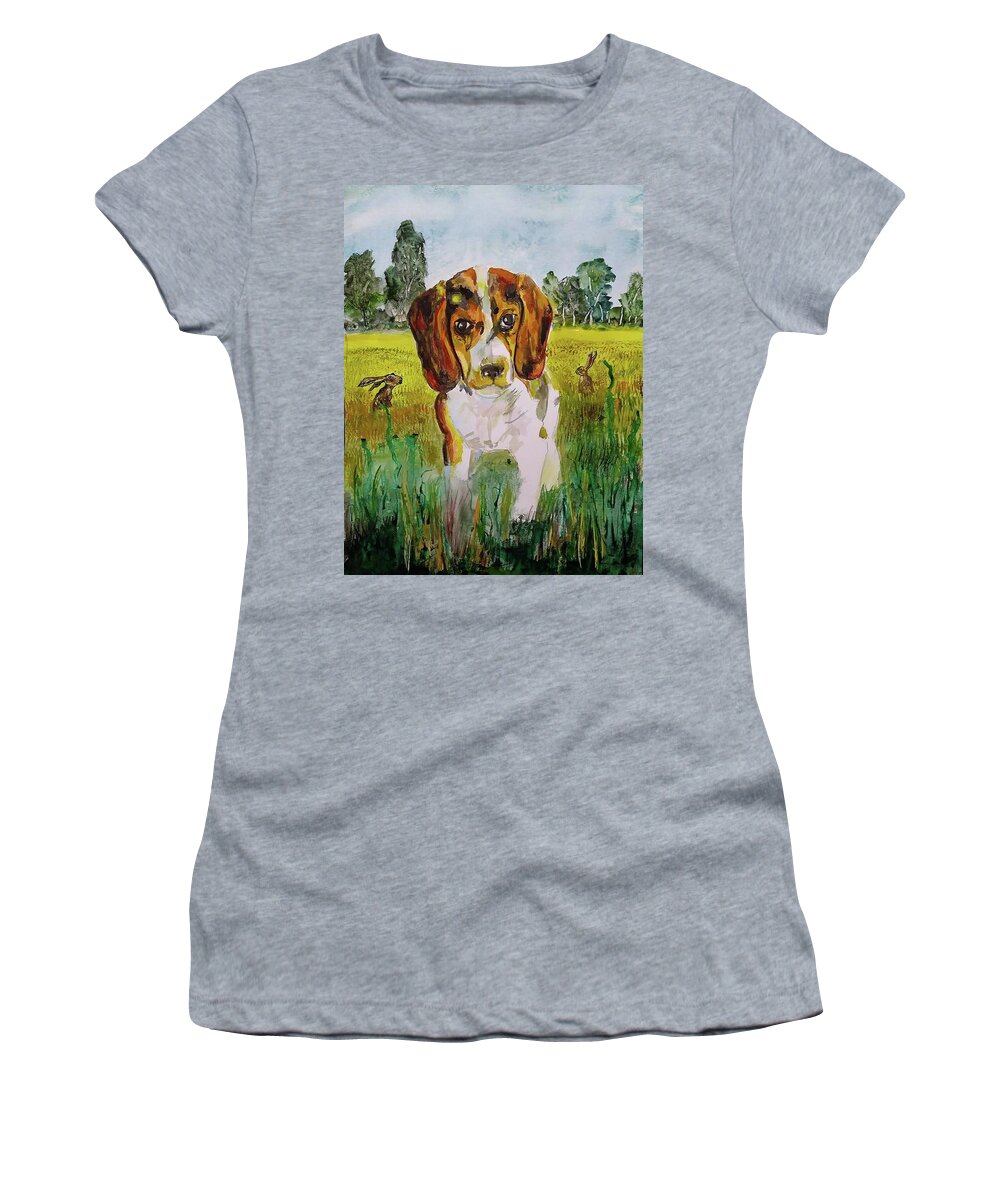 Beagle Women's T-Shirt featuring the painting Playmates by Mike Benton