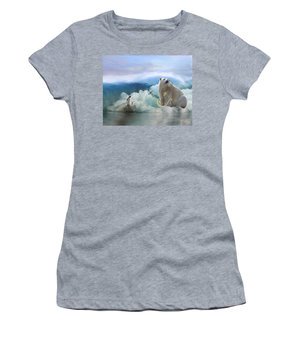 Polar Bears Women's T-Shirt featuring the mixed media Polar Bears Play the Lyre by Colleen Taylor