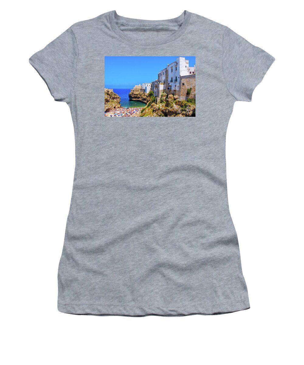 Polignano Women's T-Shirt featuring the photograph Polignano a Mare - Bari - Apulia - south italy sea village lagoon by Luca Lorenzelli