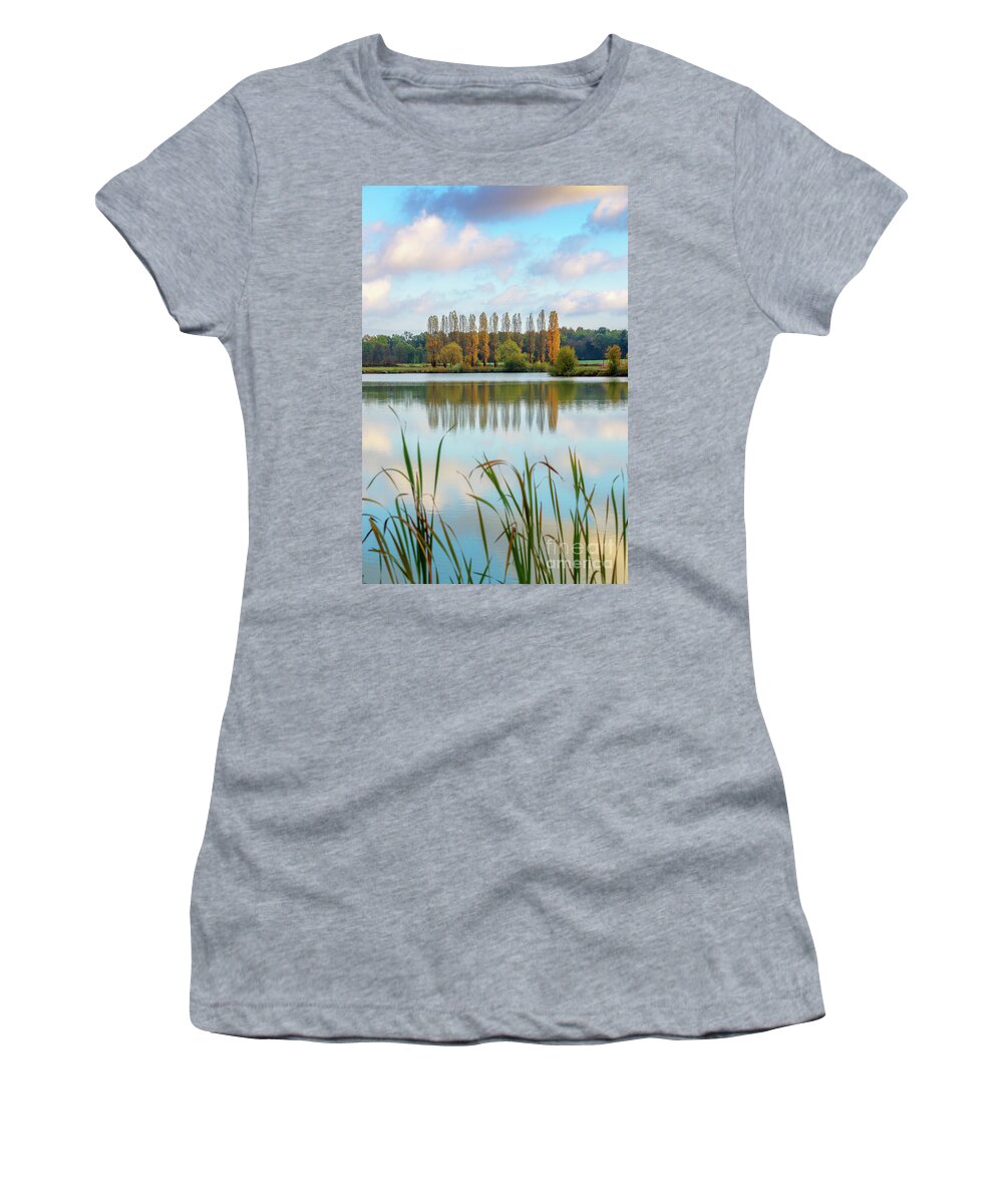 Pond Women's T-Shirt featuring the photograph Poplars reflecting in a pond by Delphimages Photo Creations