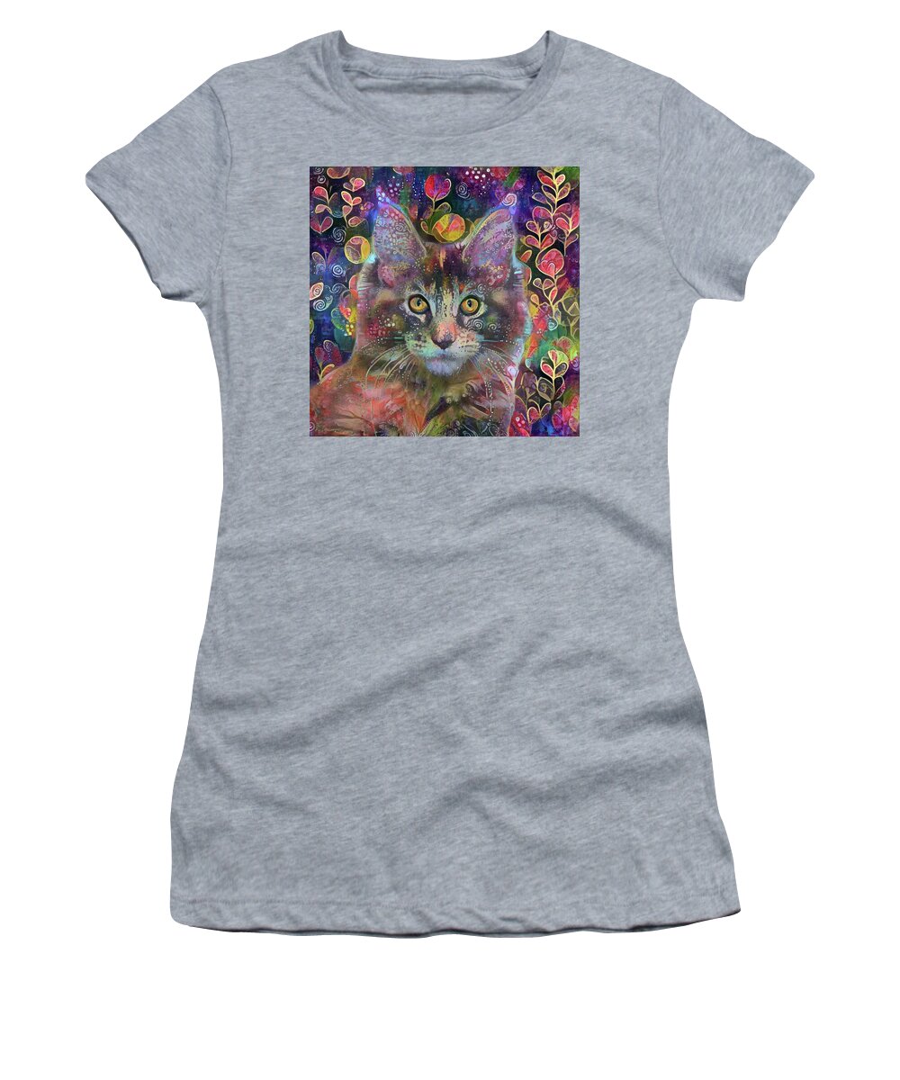 Maine Coon Cat Women's T-Shirt featuring the digital art Poppy the Maine Coon Cat in the Garden by Peggy Collins