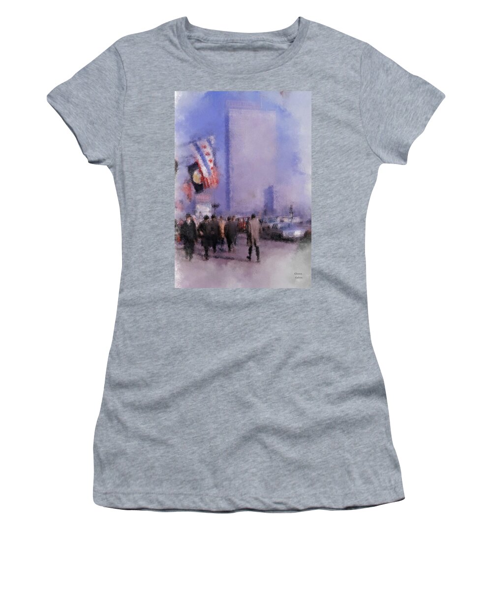 Chicago Women's T-Shirt featuring the mixed media Prudential Building 1960s morning on Michigan Avenue in Chicago by Glenn Galen