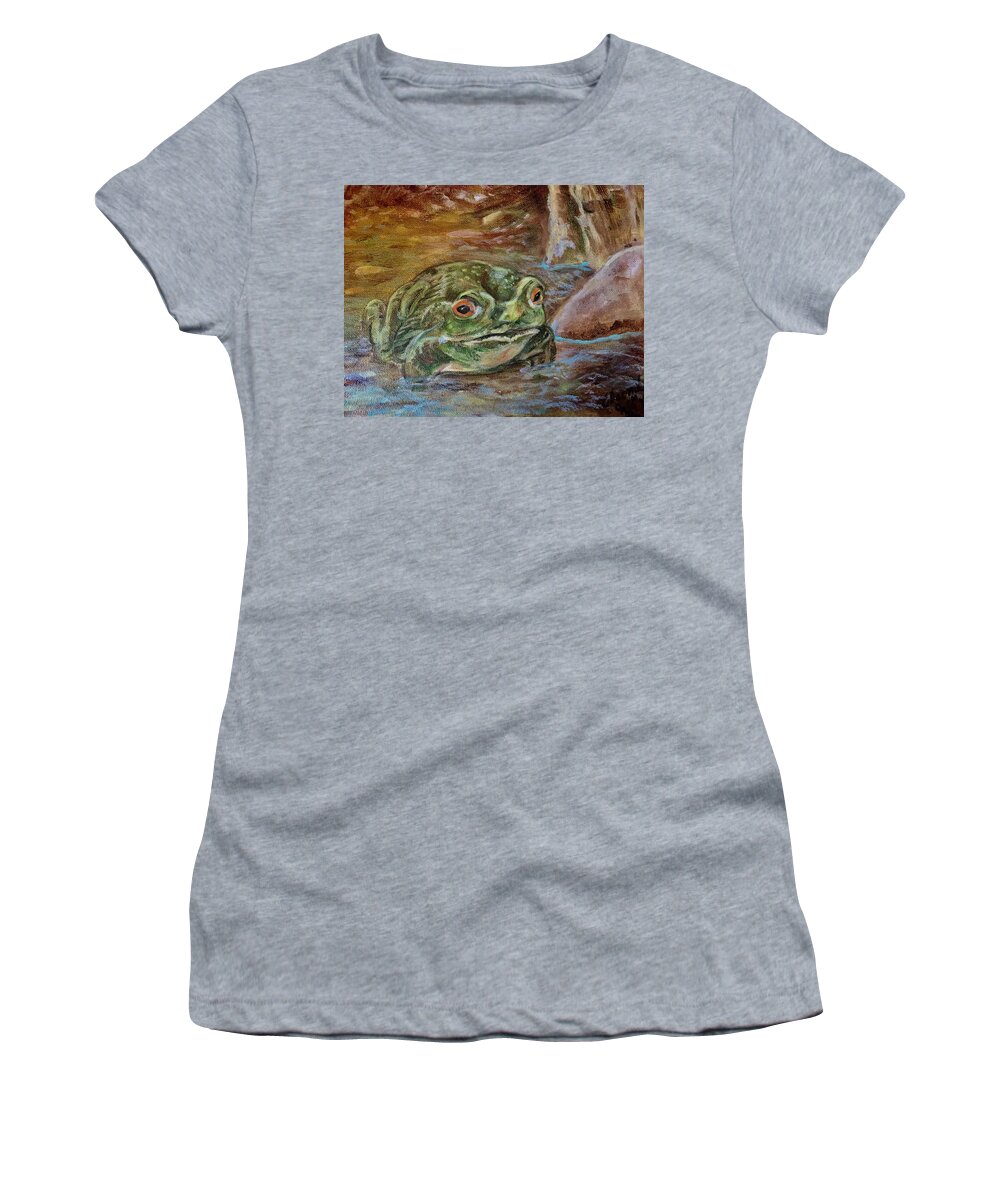 An Ugly Toad Or Is It A Frog Puddle Jumping? Women's T-Shirt featuring the painting Puddle Jumper by Charme Curtin