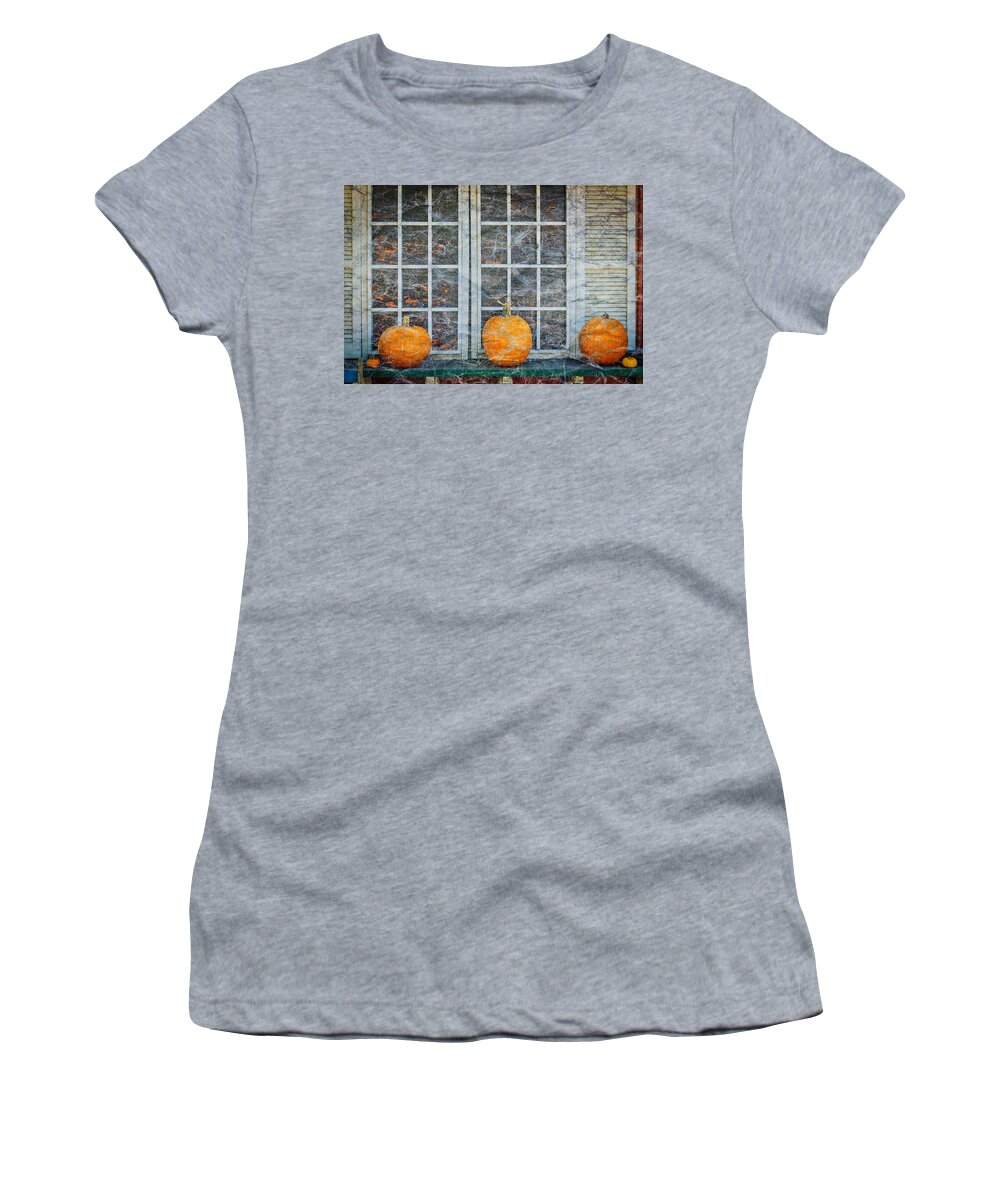 Pumpkins Women's T-Shirt featuring the photograph Pumpkins In Spider Webs by Garry Gay