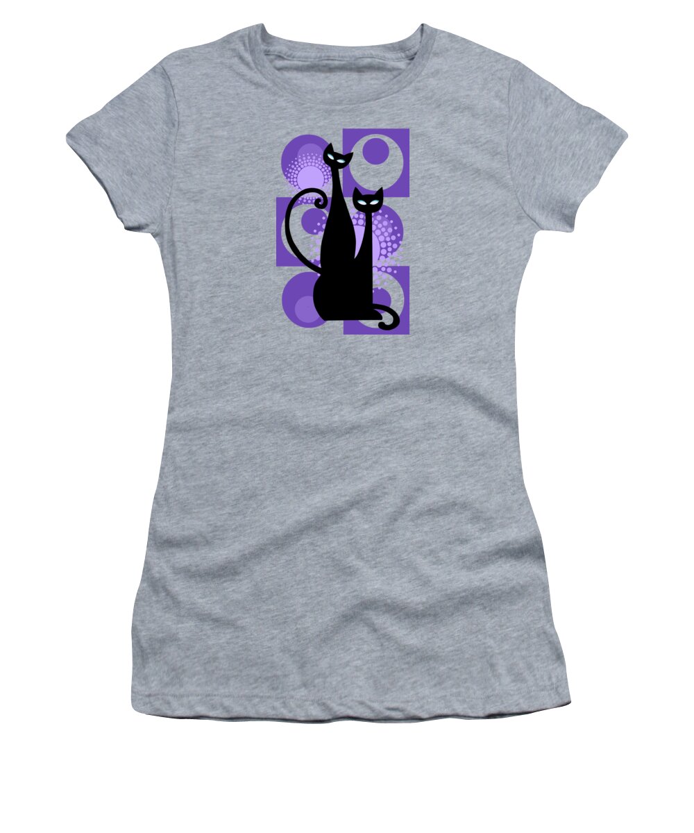 Painting Women's T-Shirt featuring the painting Purple Paradise Atomic Age Black Kitschy Cats by Little Bunny Sunshine
