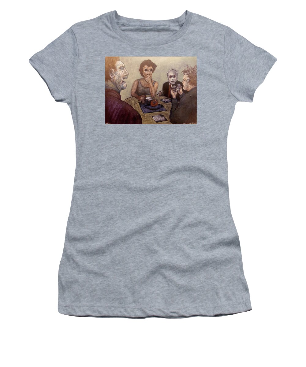 Round Table. Seated Figures Women's T-Shirt featuring the painting Quantum Entanglement Customer Service by William Stoneham