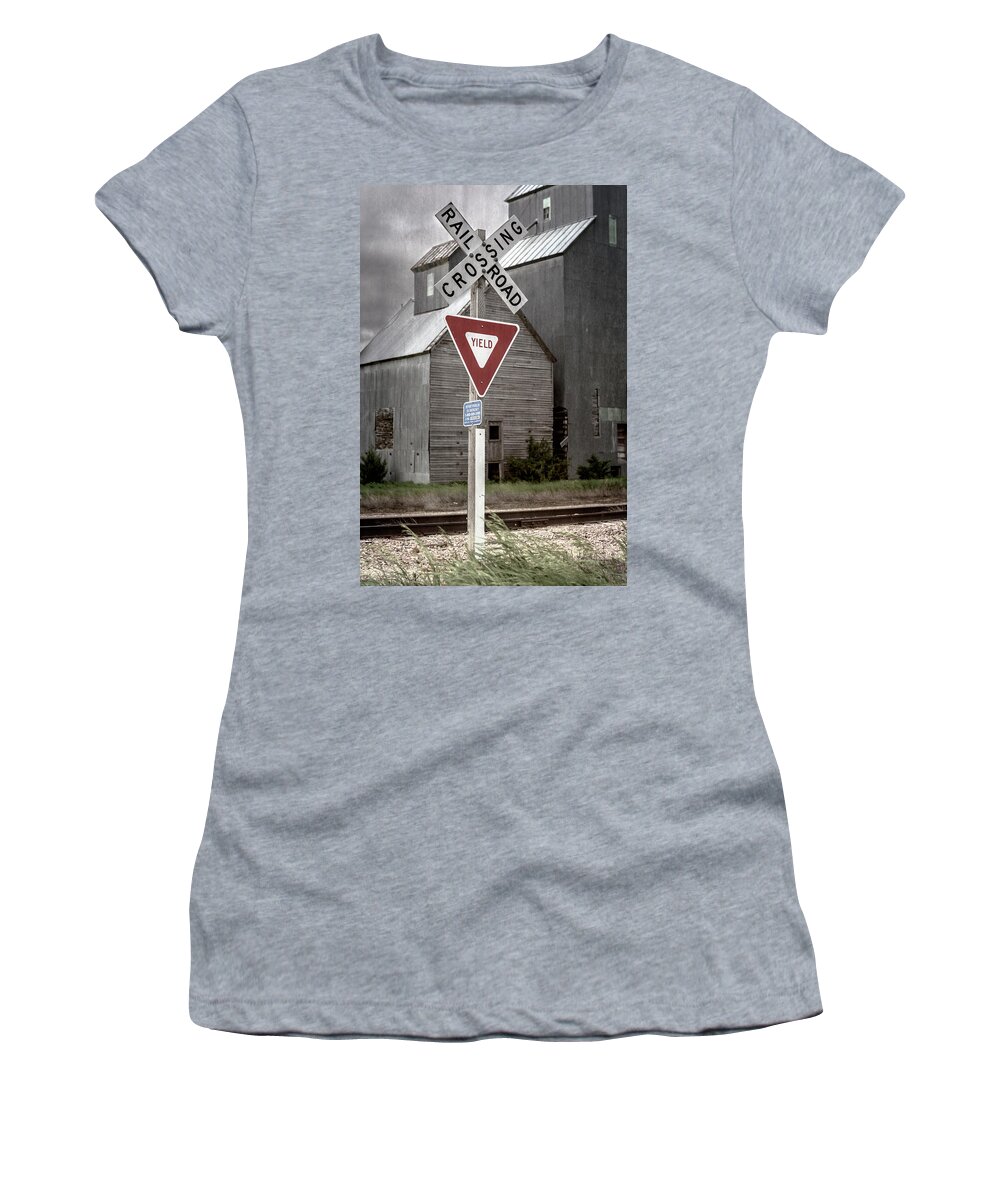 Joan Carroll Women's T-Shirt featuring the photograph Railroad Crossing Cottonwood South Dakota II by Joan Carroll
