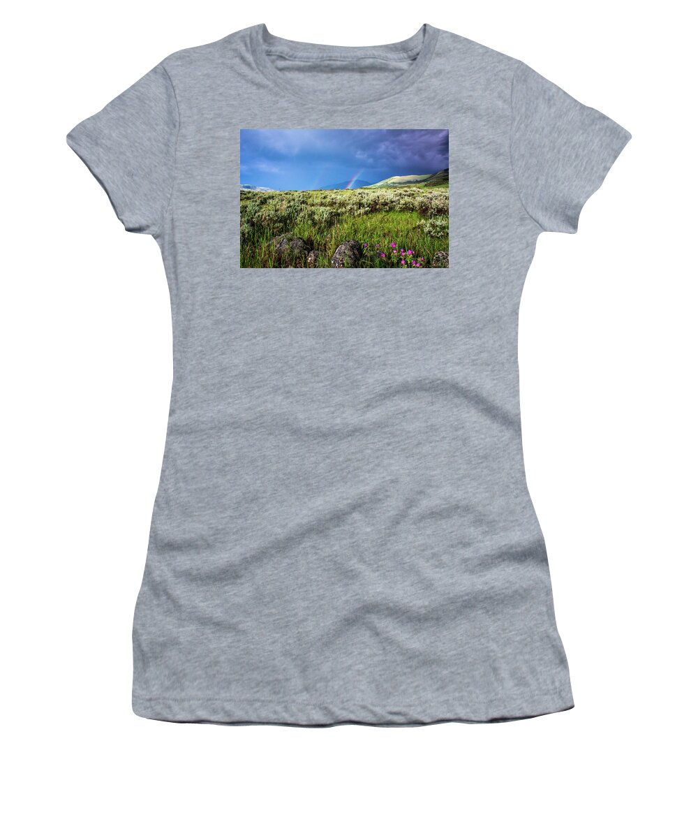 Storm Women's T-Shirt featuring the photograph Rainbow over Tom Miner Basin by Douglas Wielfaert