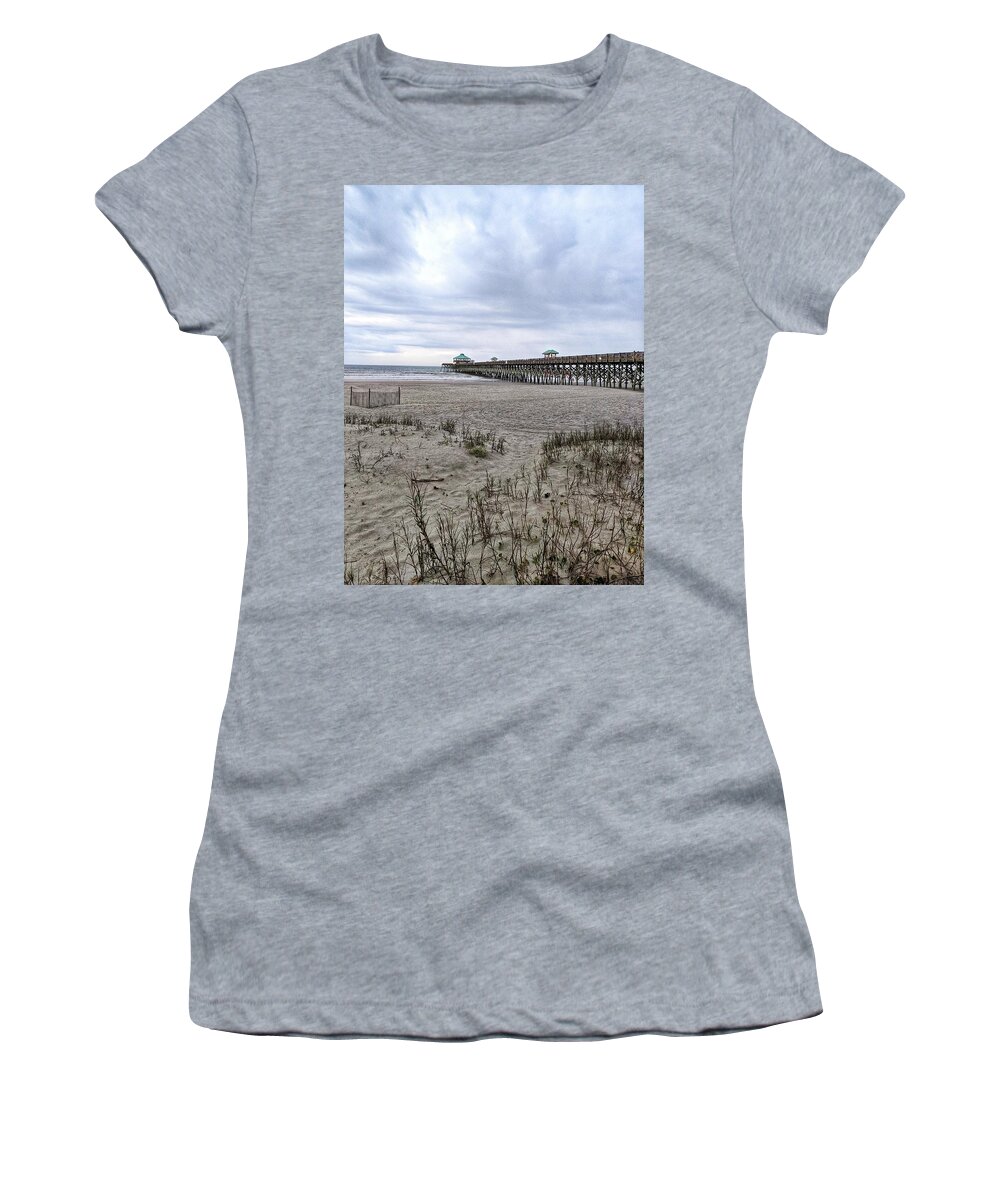 Cloudy Women's T-Shirt featuring the photograph Rainy Beach Day by Portia Olaughlin