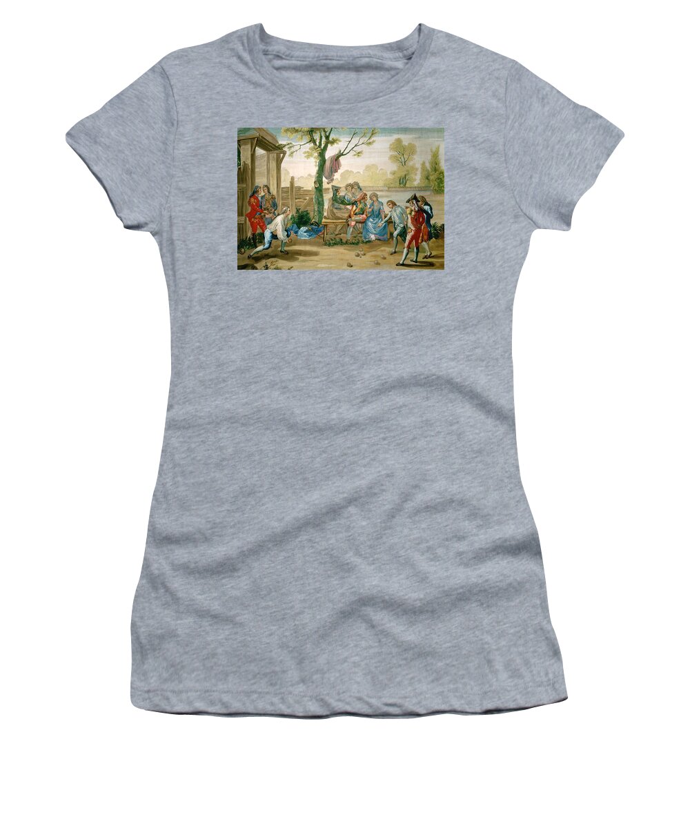 A Game Of Petanque Women's T-Shirt featuring the painting Ramon Bayeu y Subiras / 'A Game of Petanque', Cartoon for a tapestry. by Ramon Bayeu y Subias -1746-1793-