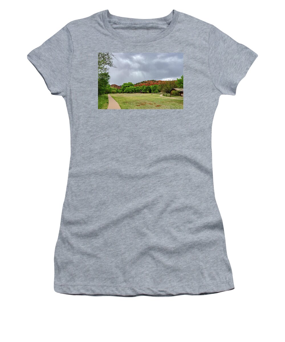 Red Rock State Park Women's T-Shirt featuring the photograph Red Rock Spring Storm by Douglas Wielfaert