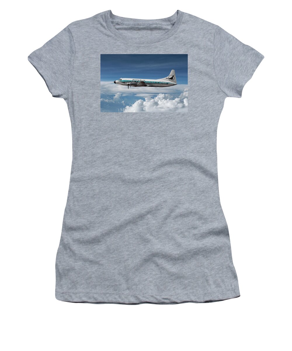 Republic Airlines Women's T-Shirt featuring the mixed media Republic Airlines Convair CV-580 Among the Clouds by Erik Simonsen