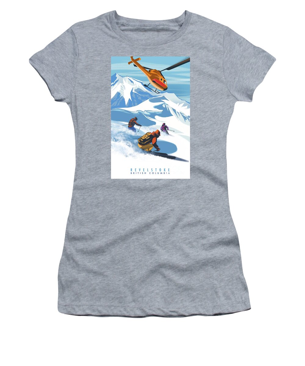 Skiing Women's T-Shirt featuring the painting Retro Revelstoke Heliski Travel Poster by Sassan Filsoof