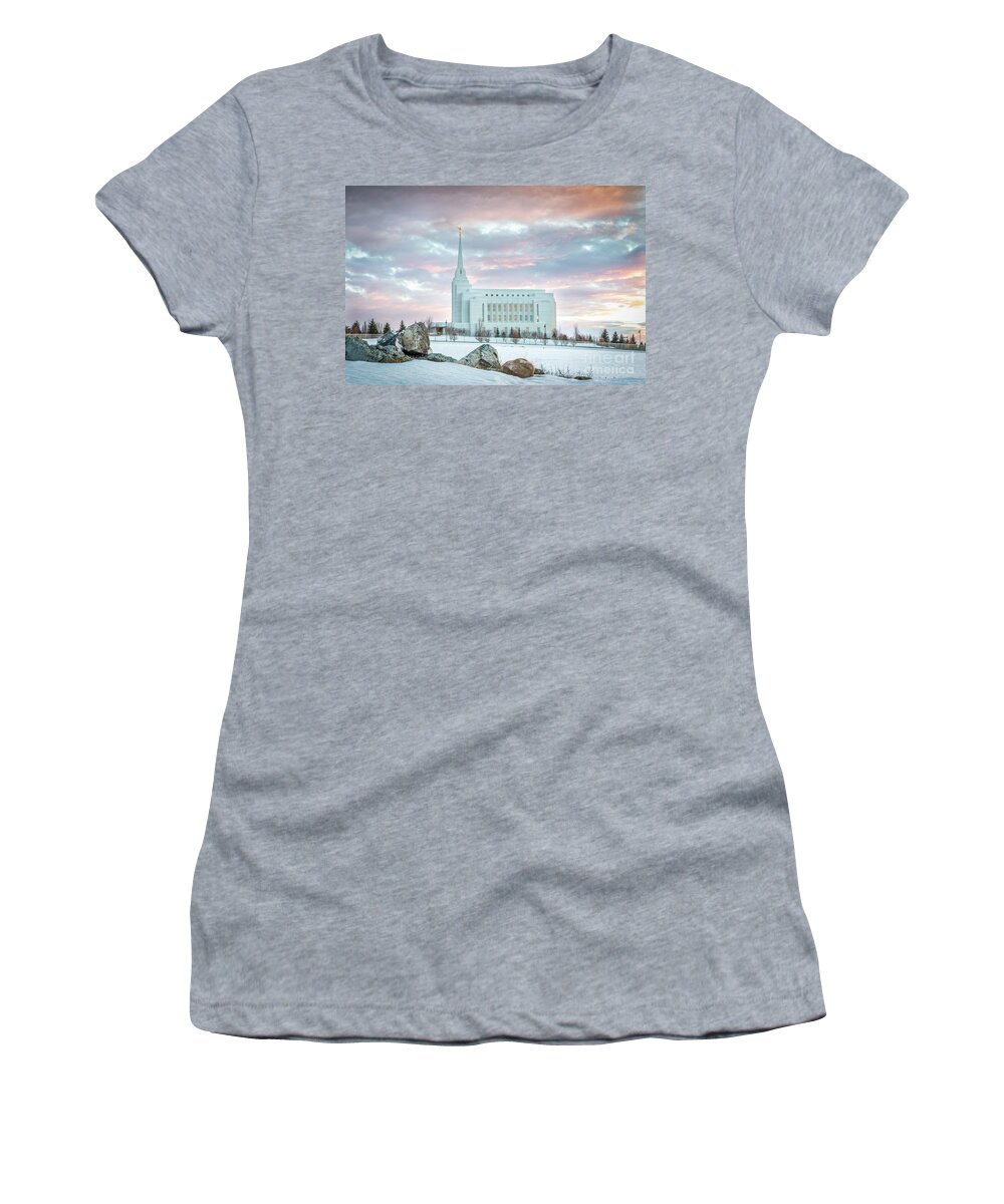 Cold Women's T-Shirt featuring the photograph Rexburt Idaho Temple - Winter Sunset by Bret Barton