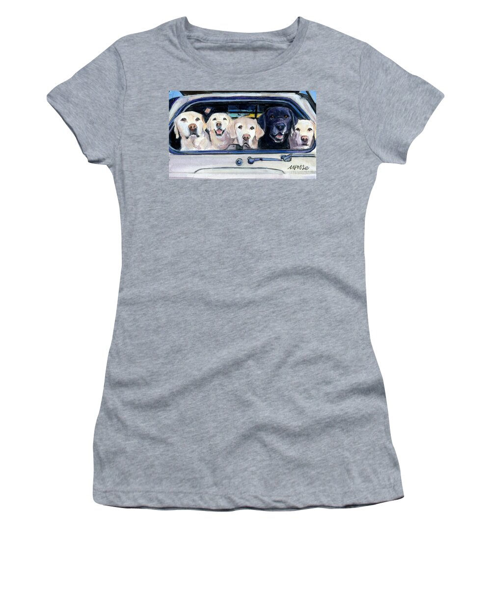 Labs In Car Women's T-Shirt featuring the painting Roadtrippin' by Molly Poole