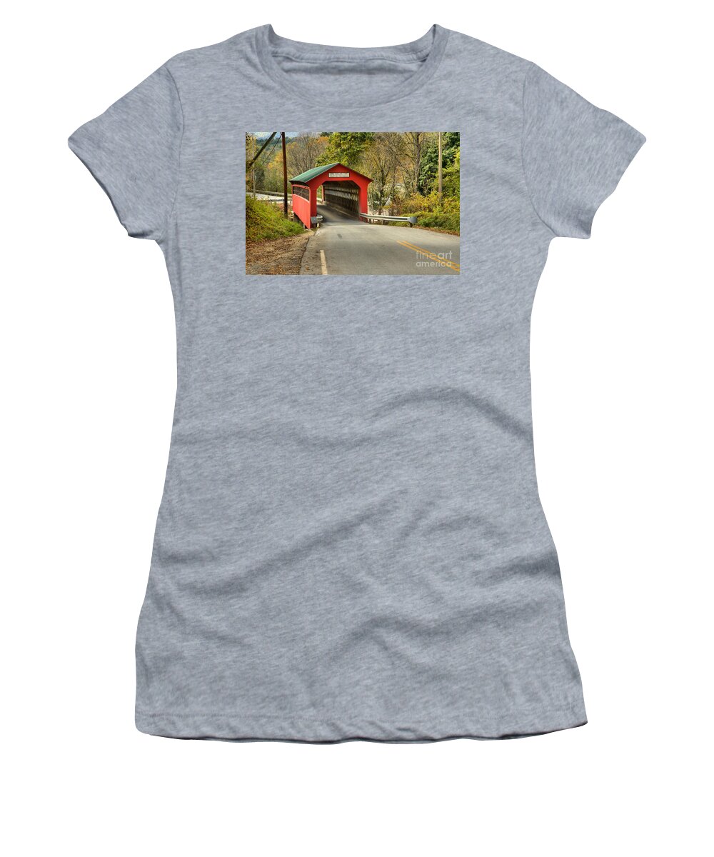 Chiselville Covered Bridge Women's T-Shirt featuring the photograph Roaring Branch Brook Covered Bridge by Adam Jewell