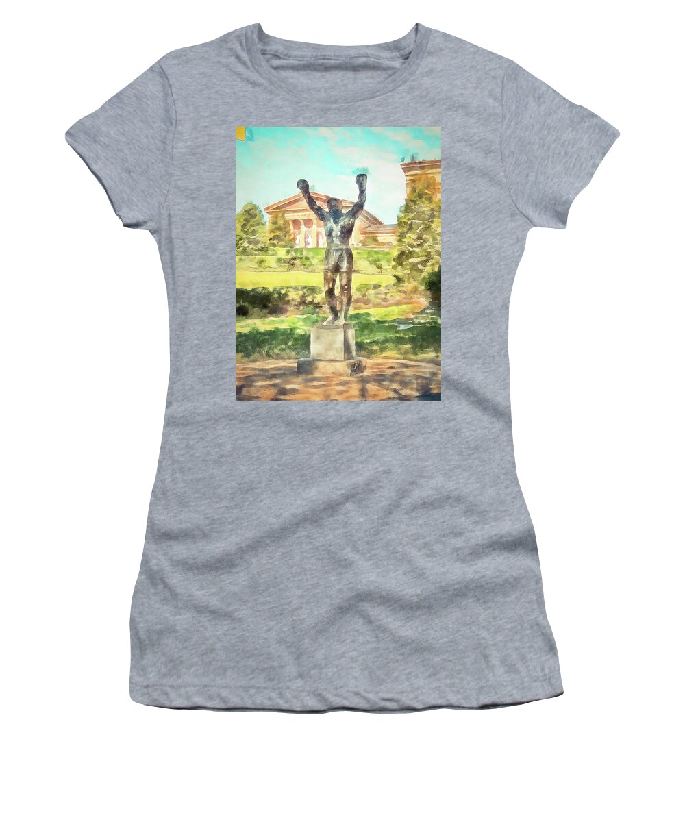 Philly Women's T-Shirt featuring the mixed media Rocky At The Art Museum by Trish Tritz