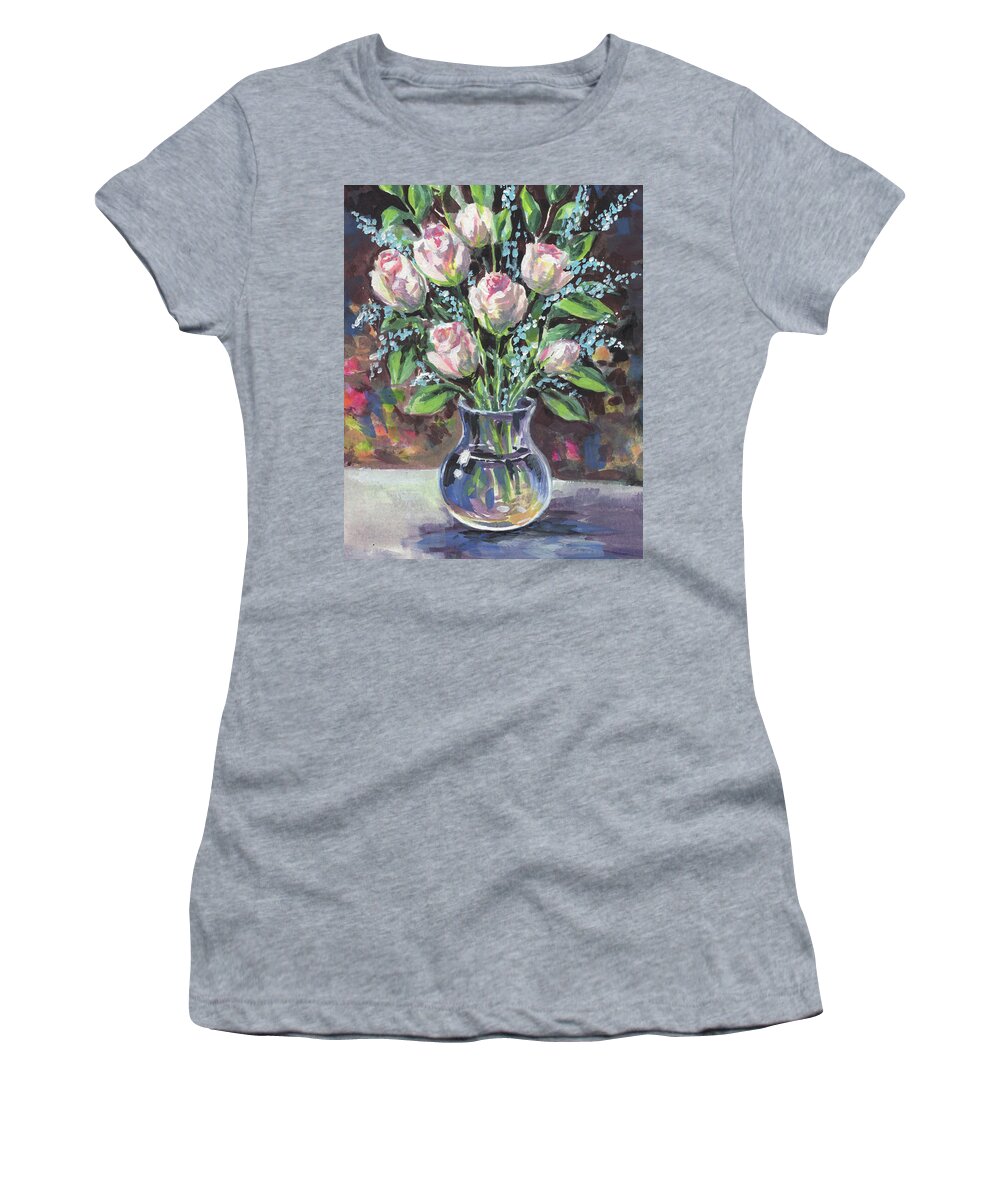 Rose Women's T-Shirt featuring the painting Roses Bouquet In Glass Vase Floral Impressionism by Irina Sztukowski