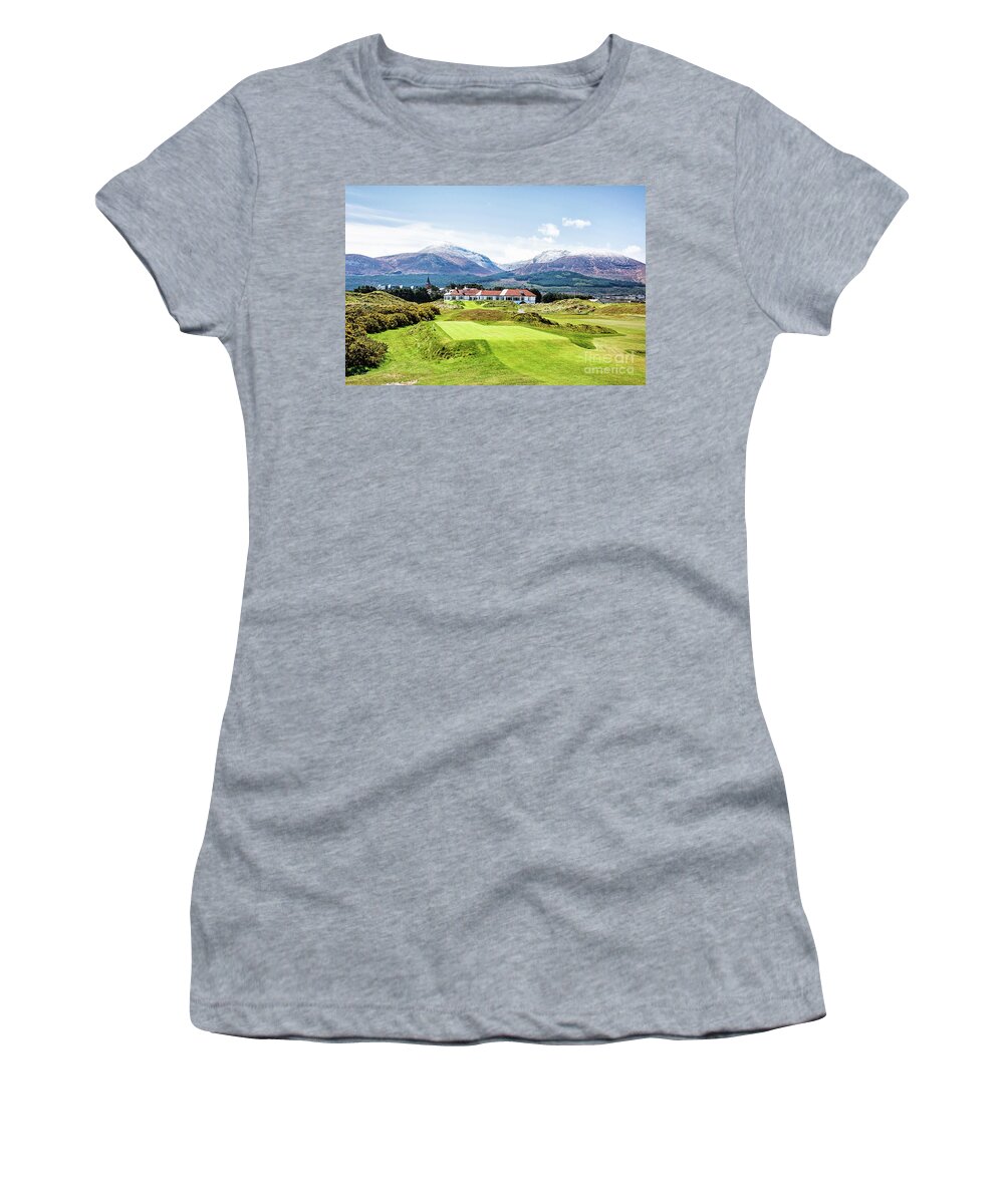 Royal County Down Women's T-Shirt featuring the photograph Royal County Down Clubhouse and Mountains by Scott Pellegrin