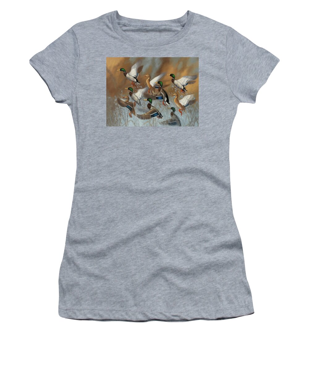 Mallards Women's T-Shirt featuring the painting Royal Flush by Guy Crittenden