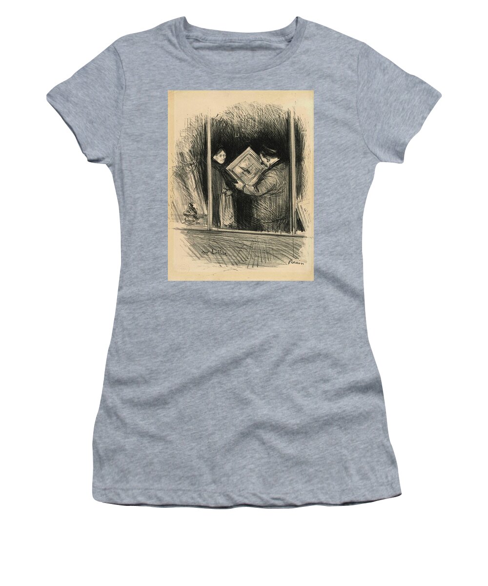 Jean Louis Forain Women's T-Shirt featuring the drawing Rue Laffitte. by Jean-Louis Forain -1852-1931-