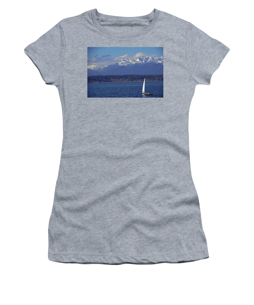 Lake Women's T-Shirt featuring the photograph Sailboat on Puget Sound with Olympic mountains by Steve Estvanik