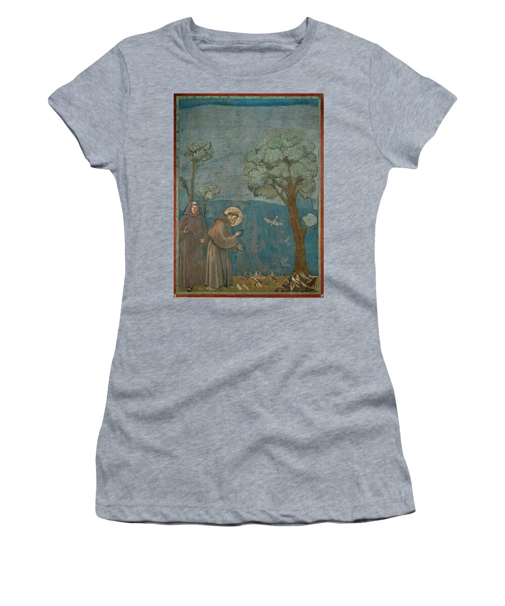 Francis Of Assisi Women's T-Shirt featuring the painting Saint Francis of Assisi preaching to the birds. Giotto. by Giotto di Bondone -1266-1337-