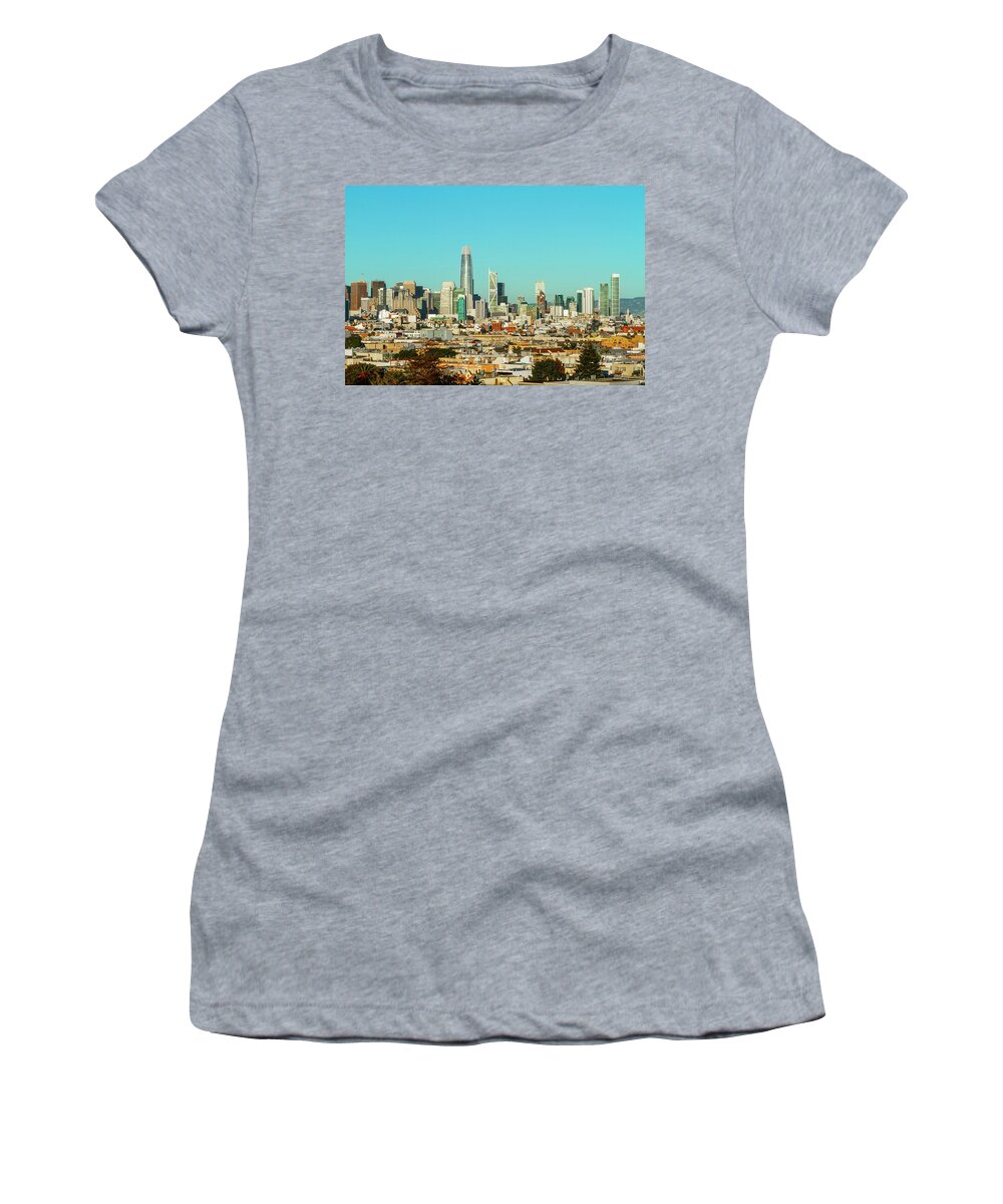 San Francisco Financial District From Dolores Park Women's T-Shirt featuring the photograph San Francisco Financial District from Dolores Park by Bonnie Follett