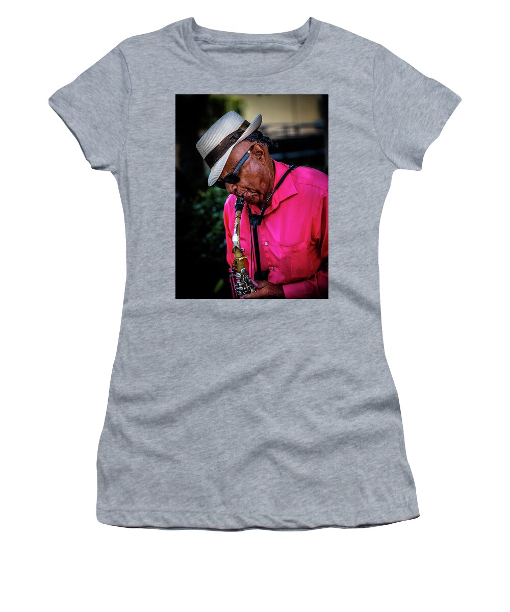 French Quarter Women's T-Shirt featuring the photograph Sax On The Street by Greg and Chrystal Mimbs