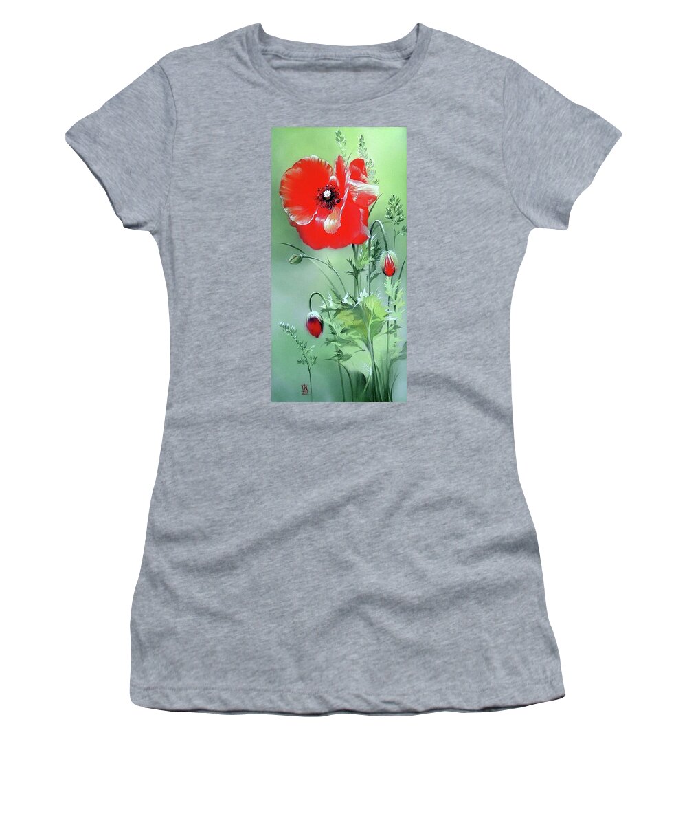 Russian Artists New Wave Women's T-Shirt featuring the painting Scarlet Poppy Flower by Alina Oseeva