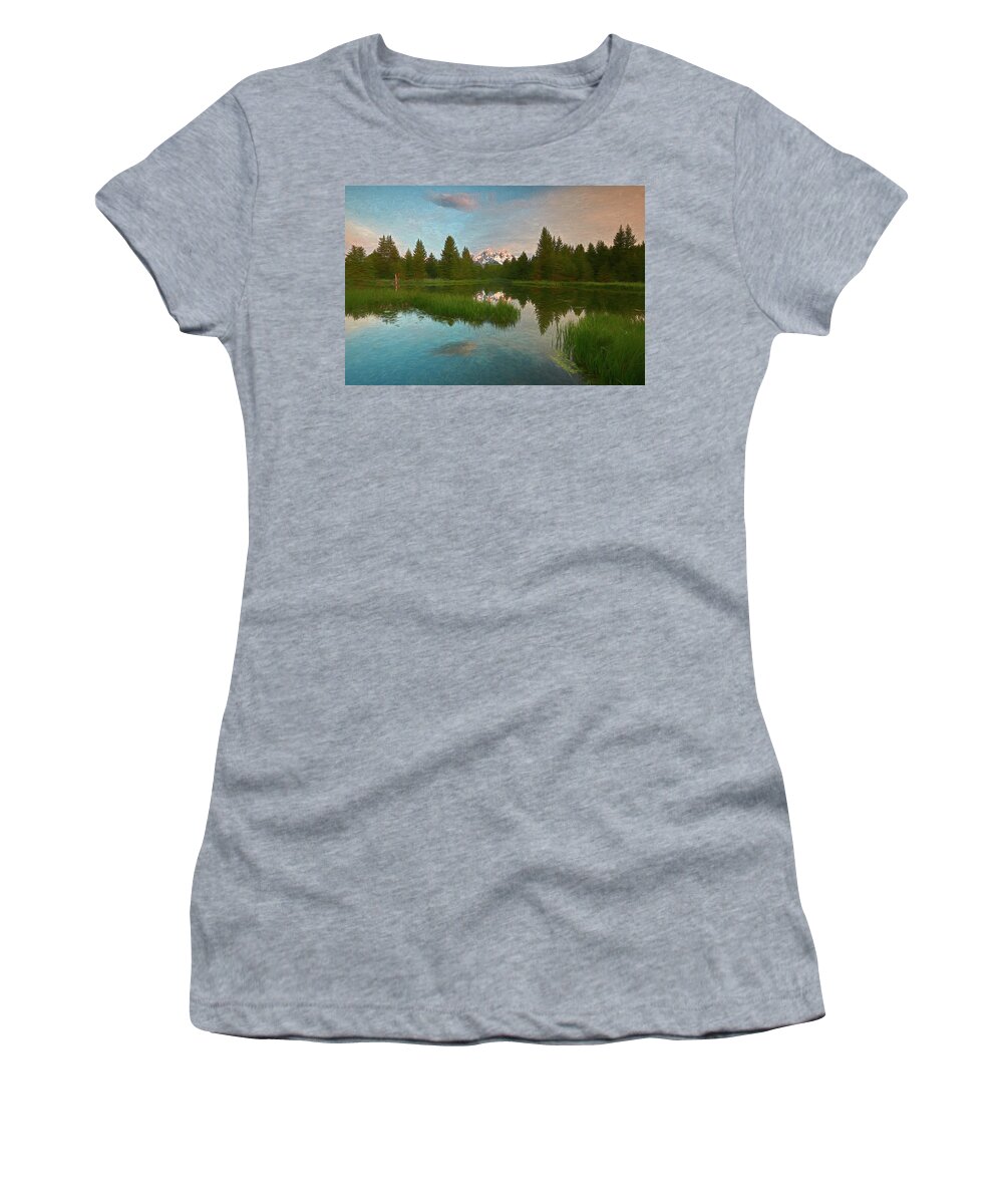 Tetons Women's T-Shirt featuring the digital art Schwabacher Morning III by Jon Glaser
