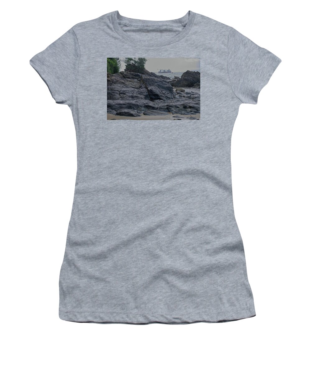Rocks Women's T-Shirt featuring the photograph Ship through the rocks by Eric Hafner