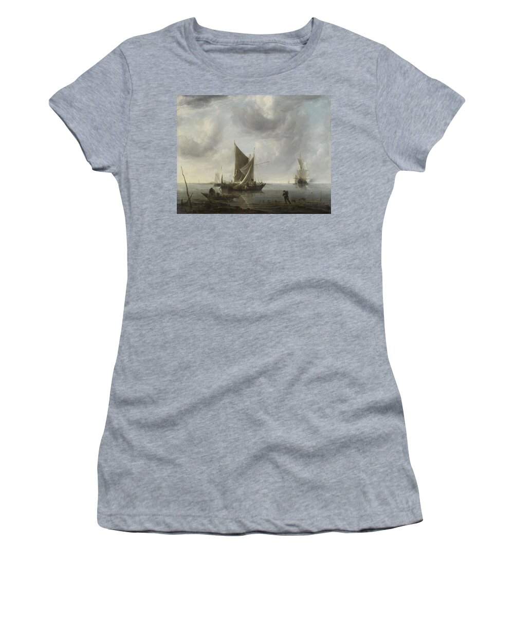 Canvas Women's T-Shirt featuring the painting Ships at Anchor on a Quiet Sea. by Jan van de Cappelle