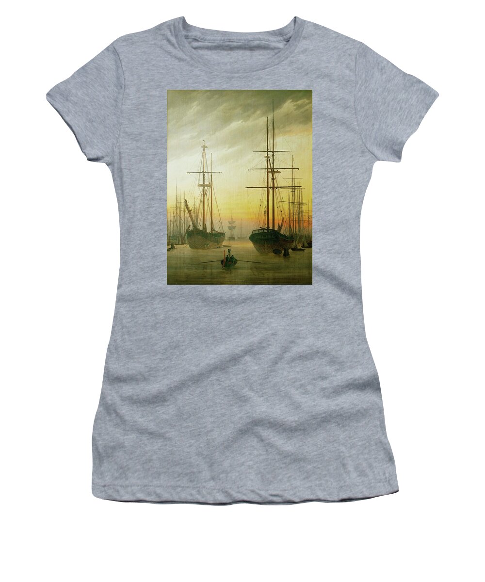 Caspar David Friedrich Women's T-Shirt featuring the painting Ships in the harbour. Oil on canvas. by Caspar David Friedrich -1774-1840-