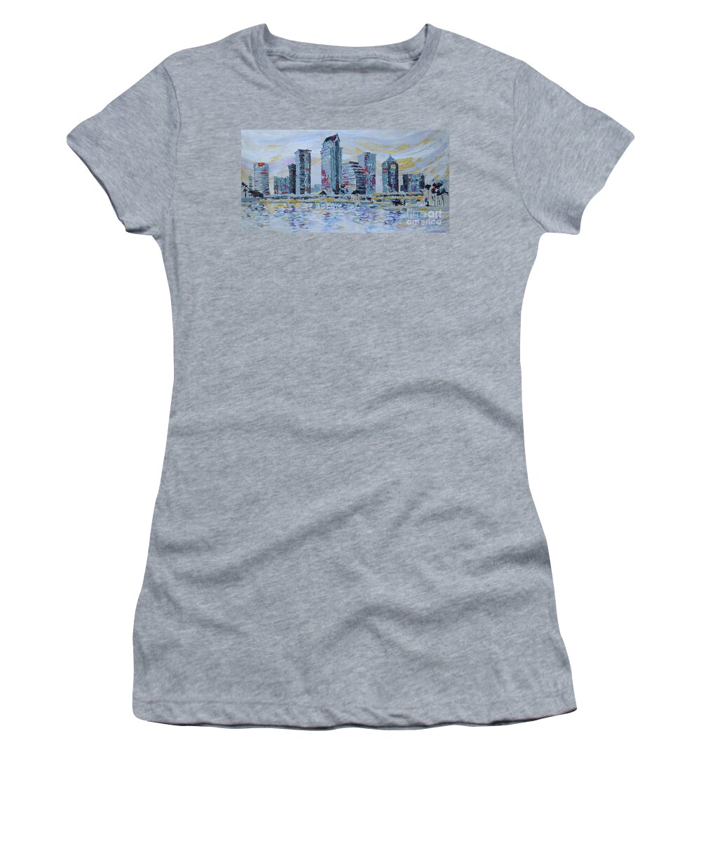Tampa Skyline Women's T-Shirt featuring the painting Silvery Tampa Skyline by Jyotika Shroff